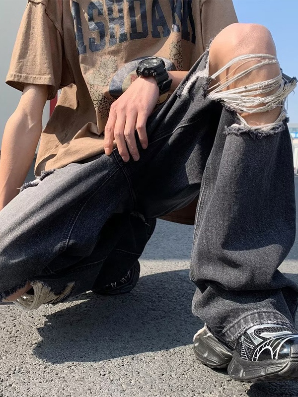 Vaqueros sueltos desgastados lavados vintage para hombre-2