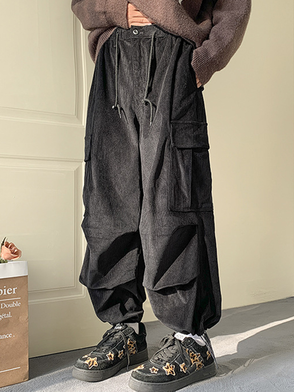 Pantalones cargo de pana con bolsillos grandes y cordón ajustable para hombre-2