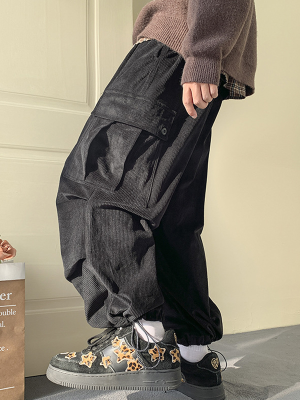 Pantalones cargo de pana con bolsillos grandes y cordón ajustable para hombre-3