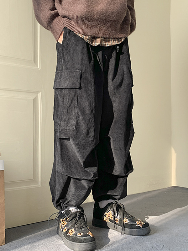 Pantalones cargo de pana con bolsillos grandes y cordón ajustable para hombre-1