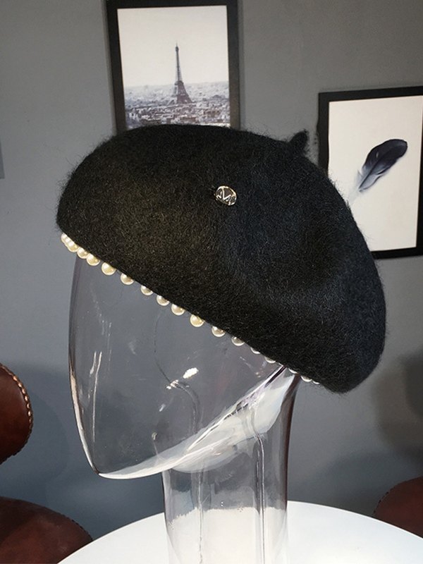 Boina de mezcla de lana adornada con perlas de imitación-1